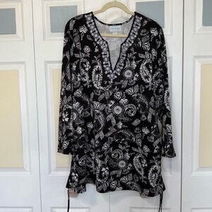 Caya‎ Costa UPF 50 Black White Paisley Embroidered Neckline Tunic Top 2X